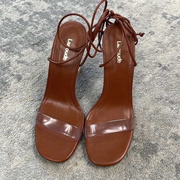 Larroude Gloria Sandal In Caramel Leather and Vinyl Ankle Wrap Clear Heel 7 - Picture 5 of 16